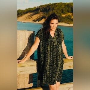 Anthropologie “Rachel” Sleeveless Tunic Dress in Green/Black Snakeskin Print S